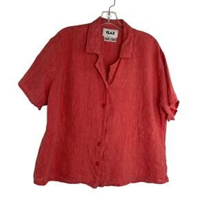 Flax Coral-Red Crinkled Short-Sleeve Button Front Blouse
